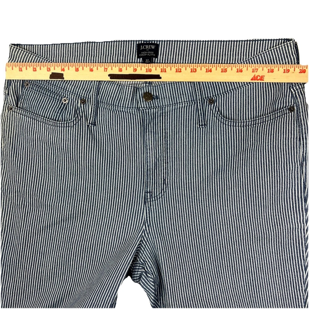 J. Crew Factory Navy Blue White Pin Striped High Rise Crop Flare Jeans Women 34 - Picture 4 of 8